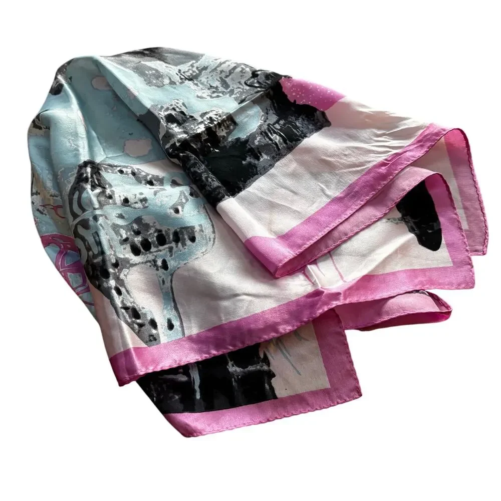 Satin Finish Silk scarf neckerchief square in pink blue modern abstract art look
